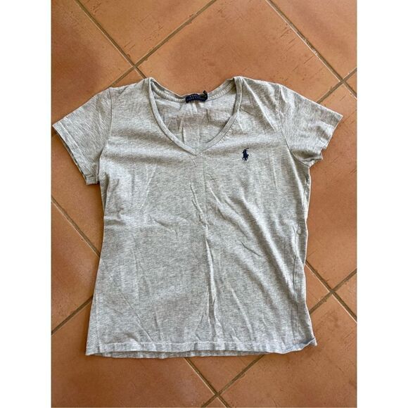 Polo Ralph Lauren, V-neck, fitted T-shirt, women’s medium, gray with navy horse - Picture 2 of 4